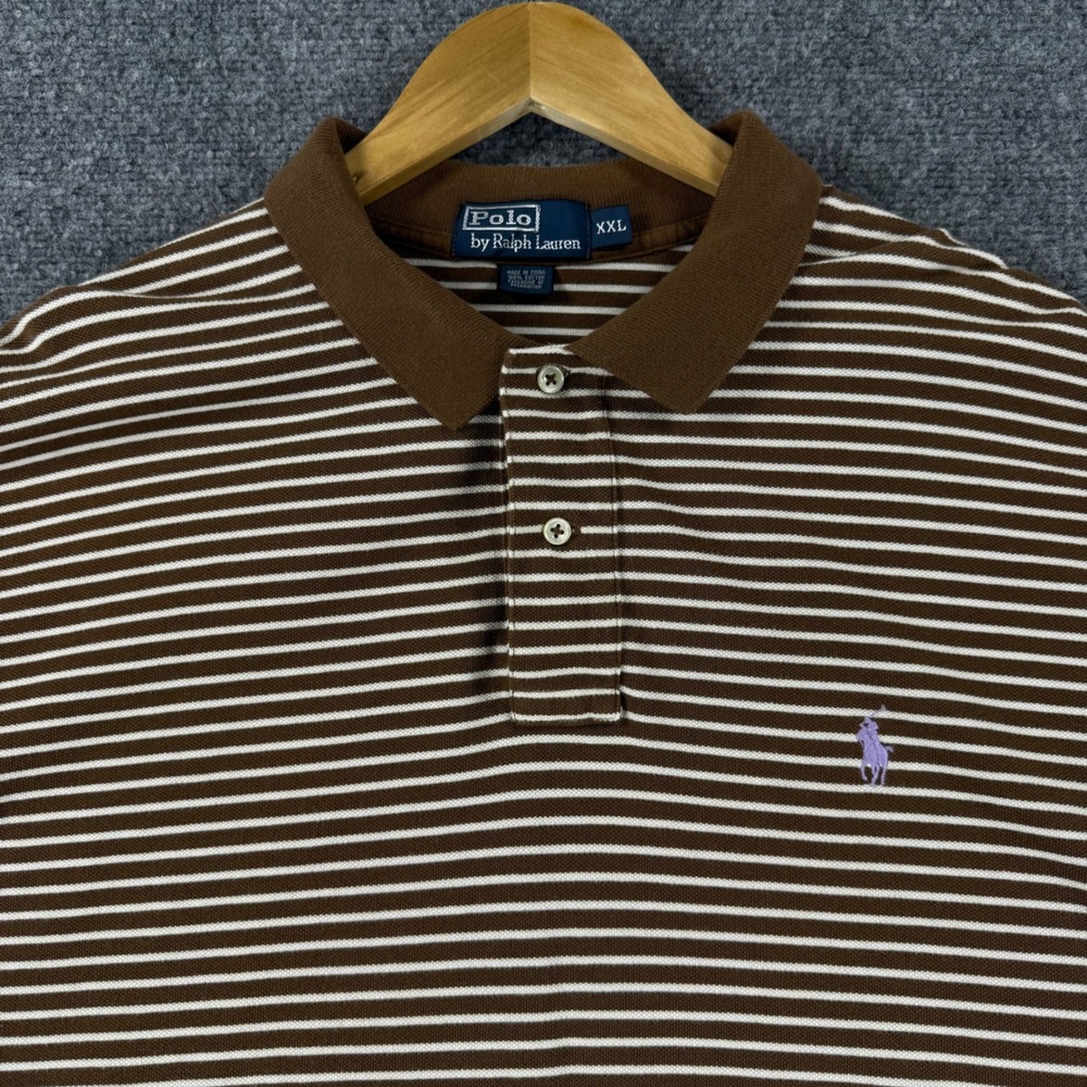 Vintage Polo Ralph Lauren Striped Polo Shirt Men XXL Brown Cotton Short Sleeve